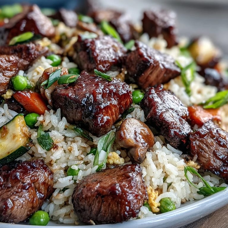 Freshly scrambled eggs and tender beef stir-fry together in this easy hibachi steak and fried rice dish.