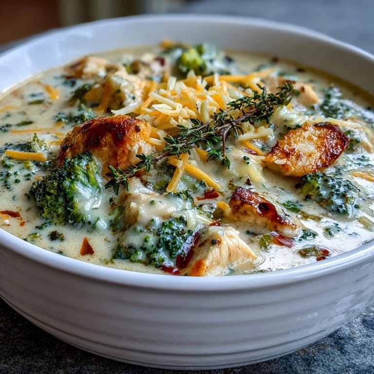 Close-up of creamy Chicken Broccoli Cheddar Soup with tender chicken chunks and melted cheddar cheese.