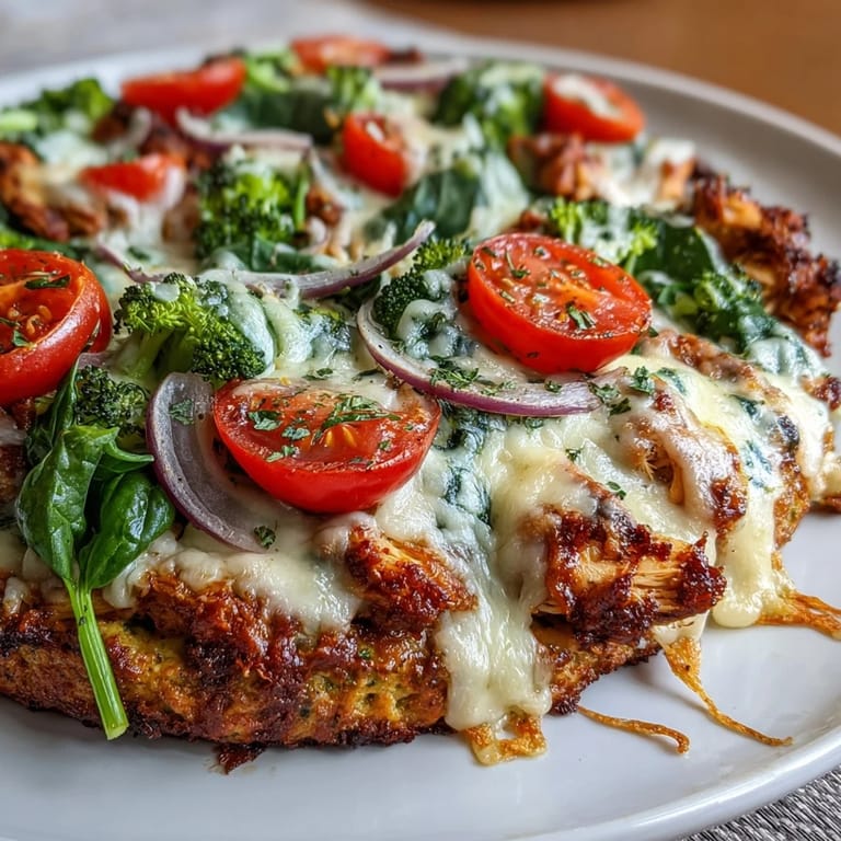 Freshly baked Broccoli Chicken Crust Pizza with vibrant bell peppers, olives, and spinach on a rustic board.