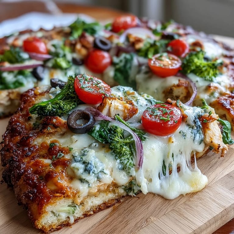 A slice of Broccoli Chicken Crust Pizza lifted to show the sturdy, golden vegetable-based crust and gooey cheese.