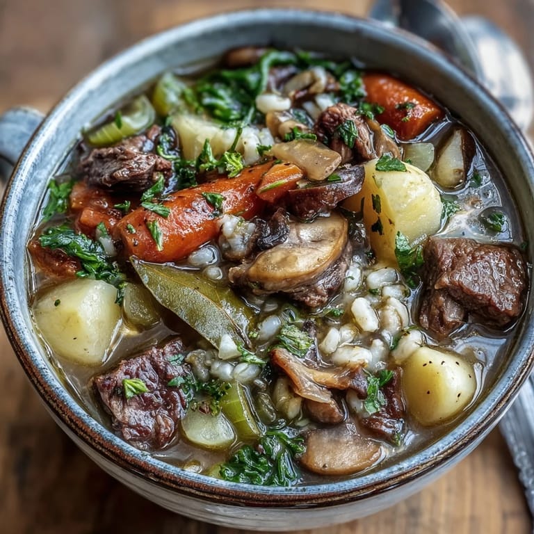 A cozy ladle of Beef and Barley Soup poured into a white bowl, revealing rich broth and vegetables.