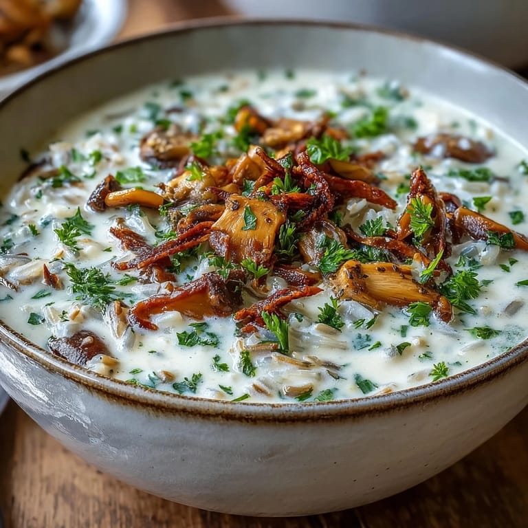 Steaming Wild Rice Mushroom Soup in a white bowl, featuring earthy mushrooms and aromatic herbs for a cozy meal.