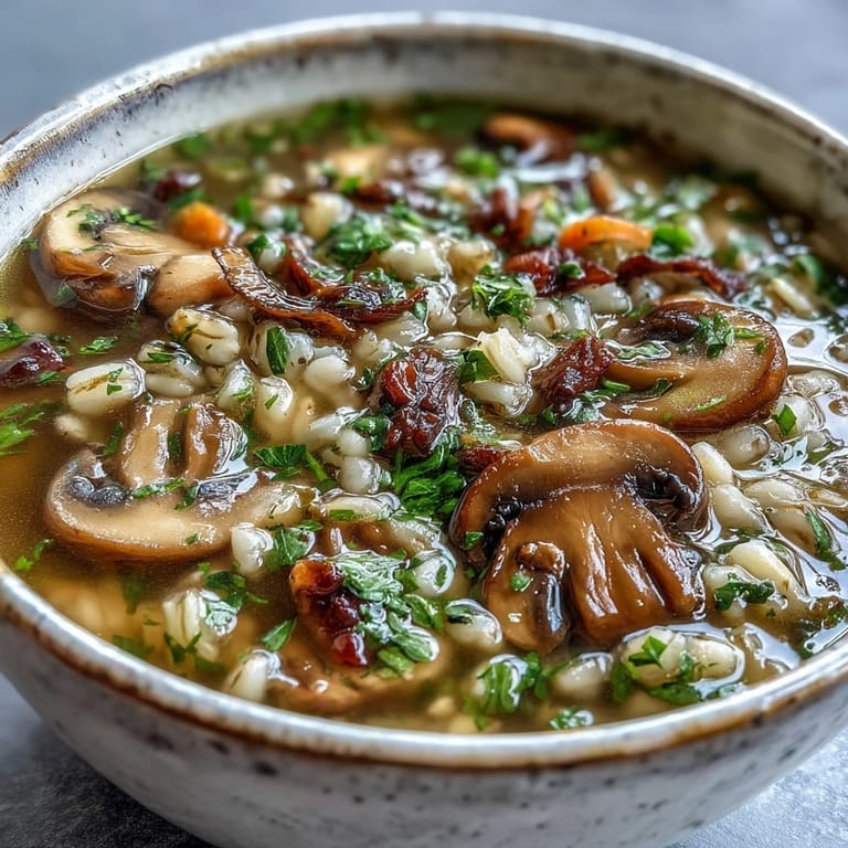 Mushroom barley soup simmering in a pot, featuring rehydrated shiitakes and fresh white mushrooms alongside diced carrots and celery in a hearty, aromatic broth.