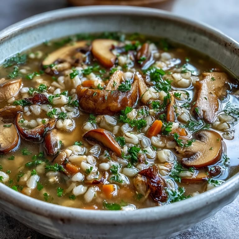 Close-up of mushroom barley soup in a rustic bowl, steam rising from the thick, savory broth filled with barley, mushrooms, and fresh parsley garnish.
