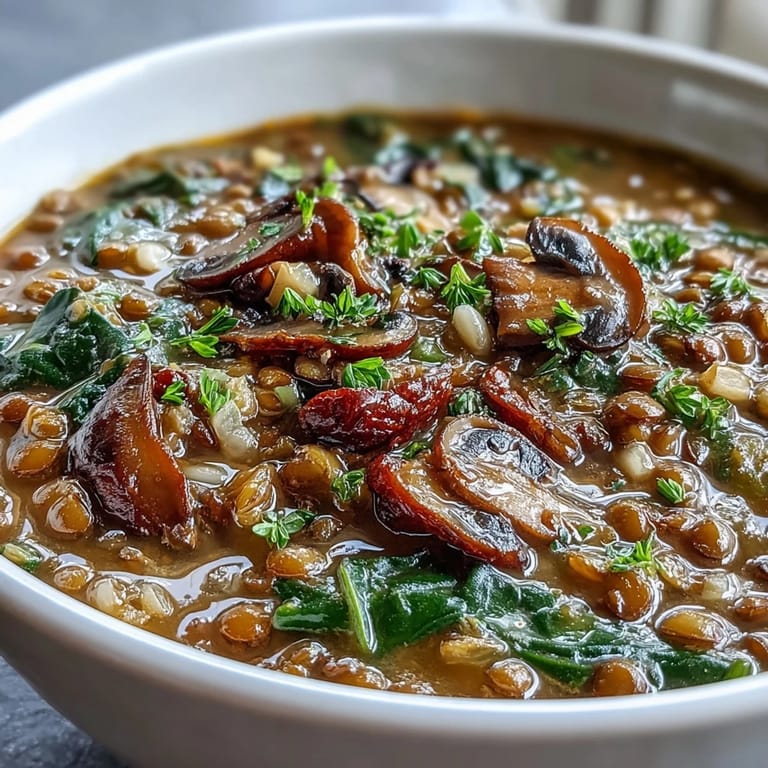 Double Lentil and Mushroom Barley Soup served hot in a white ceramic bowl, garnished with fresh parsley, with a slice of crusty bread on the side for dipping.