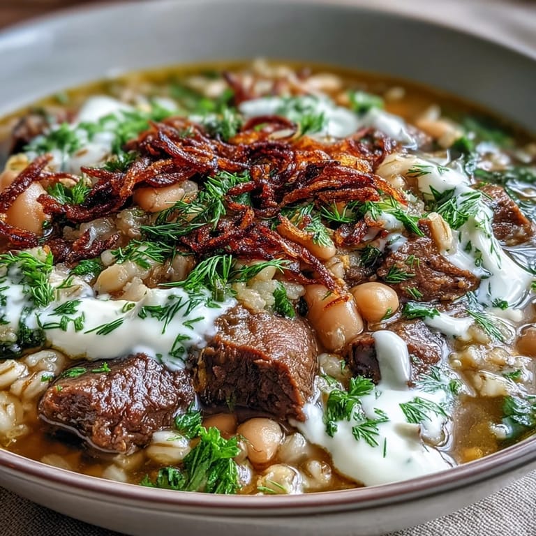 Close-up of hearty Beef Barley Soup with tender beef, barley, beans, lentils, and fresh herbs.
