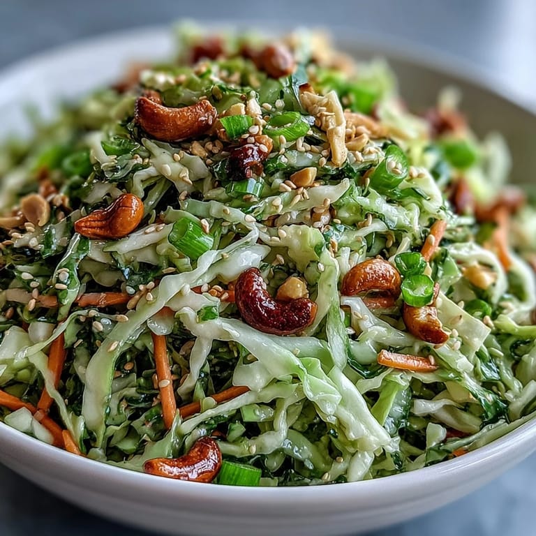 Ready-to-serve Asian Cabbage Salad garnished with chopped roasted peanuts and toasted sesame seeds, perfect alongside grilled chicken or tofu for a light lunch.