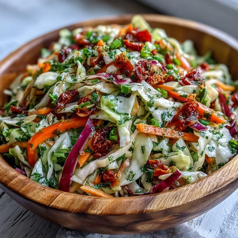 Crisp and vibrant vegetarian salad with sun-dried tomatoes, tossed in a tangy dressing, served as a healthy side.