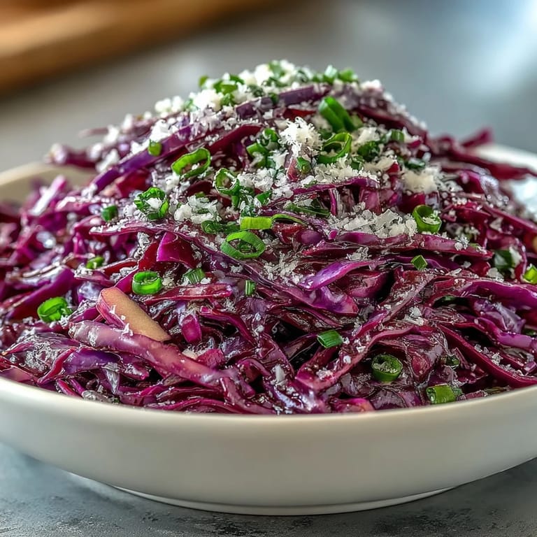 Red Cabbage Coleslaw With Apple and Parmesan served in a white bowl, garnished with fresh parsley, ready for a summer picnic.