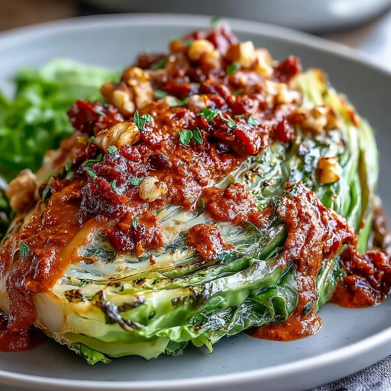 Warm, caramelized baked cabbage salad topped with rich romesco, crunchy walnuts, and a squeeze of lemon.