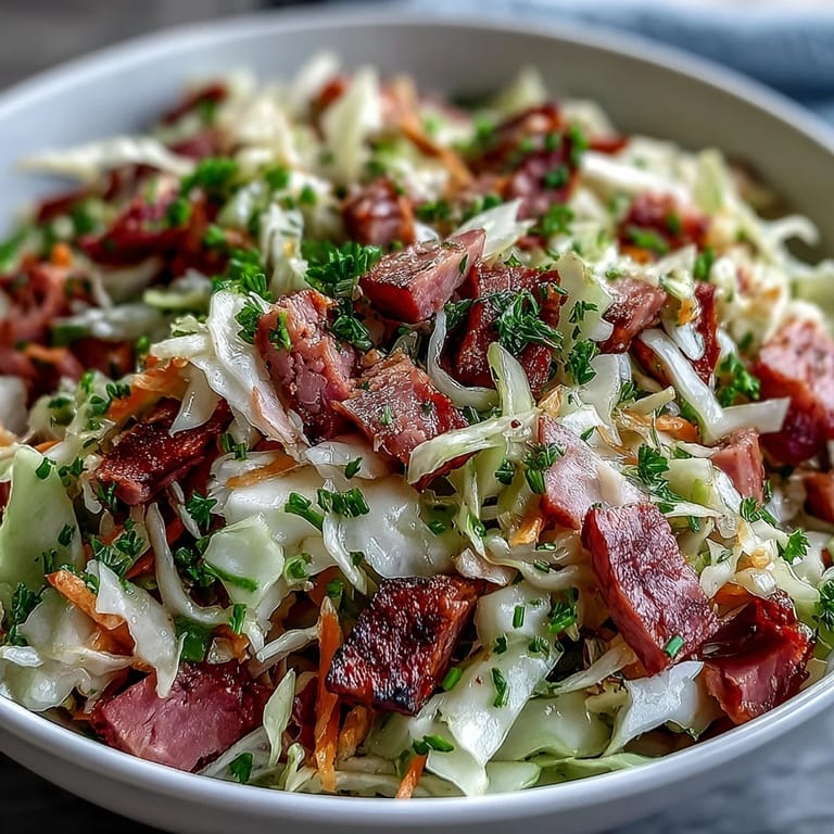 Vibrant German Cabbage Coleslaw With Shredded Ham mixed with crisp vegetables and caraway seeds on a rustic table.