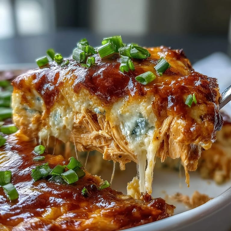 Creamy Buffalo Chicken Dip served warm from the oven, golden and bubbling, with a side of crisp celery sticks and blue cheese crumbles.