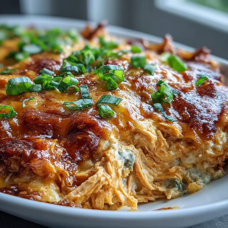 A scoop of rich Buffalo Chicken Dip on a sturdy tortilla chip, showcasing tender shredded chicken and tangy hot sauce in every bite.