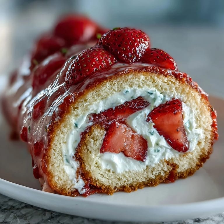 A single slice reveals spiral layers of fluffy sponge cake, ripe berries, and airy whipped cream filling inside delicate crepes.