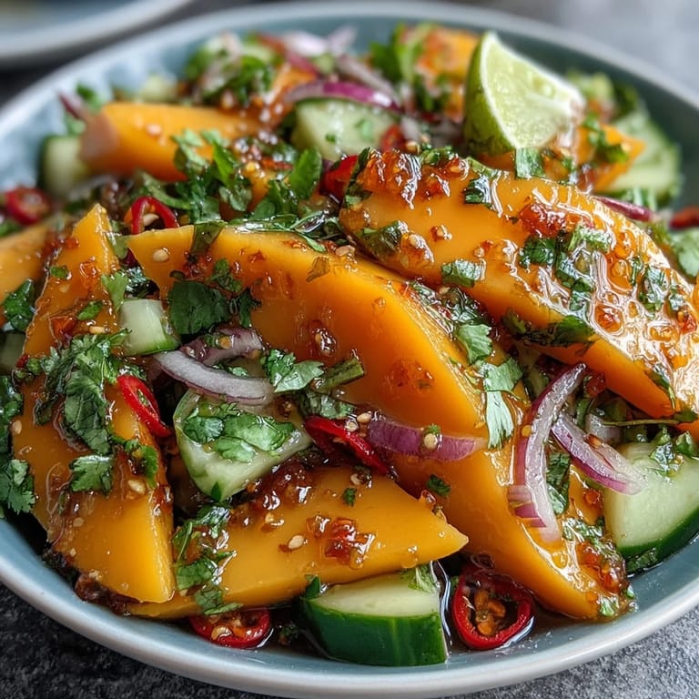 Bright green cilantro leaves top the vibrant Refreshing Mango Salad with Lime Dressing, served with lime wedges for extra zest.