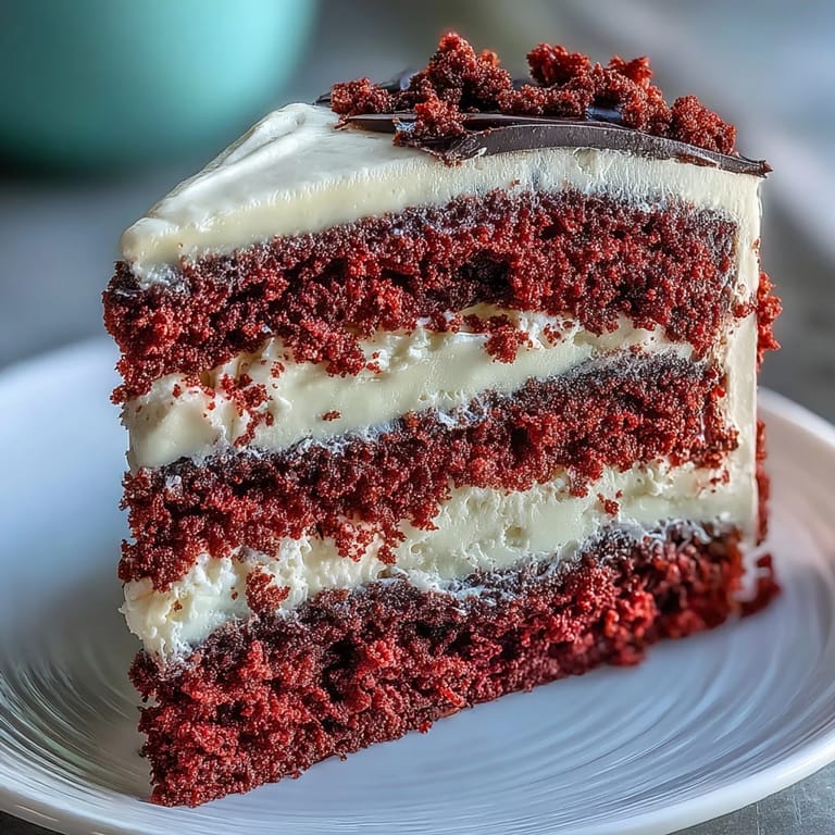 Slice of Betty Boop Cake revealing velvety red layers and smooth cream cheese buttercream on a dessert plate. 