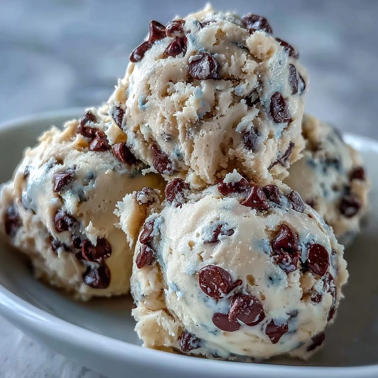 Scoops of Greek Yogurt Cookie Dough on a chilled plate with a glass of milk for dipping.