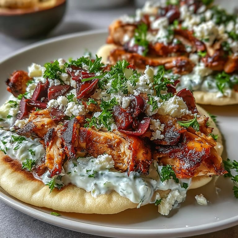 Freshly assembled Mediterranean Chicken Gyros on a plate with a side of extra tzatziki dip and lemon wedges for squeezing.