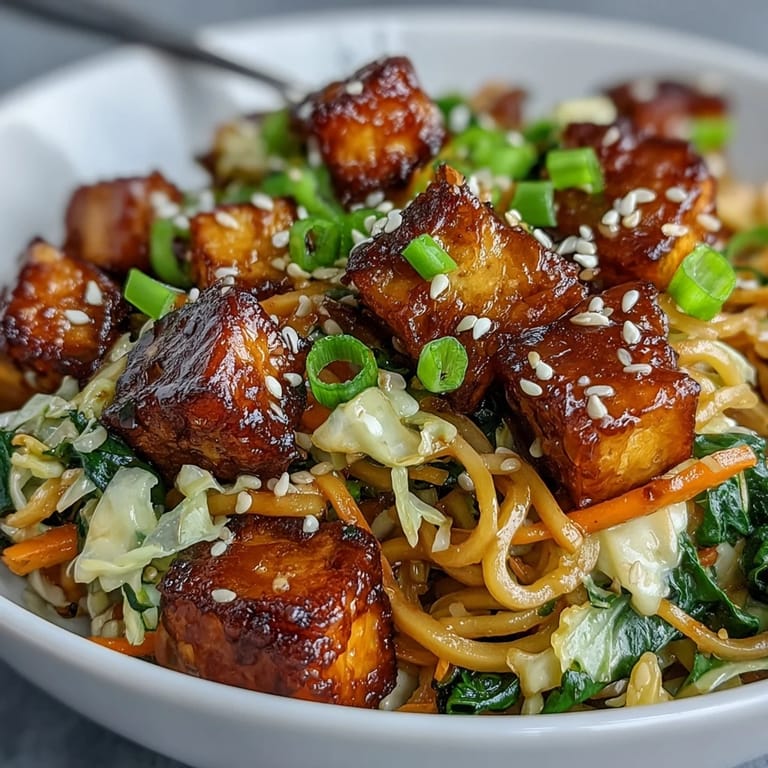 Freshly prepared Tofu Egg Roll in a Bowl features crispy tofu, tender greens, and colorful vegetables tossed in a savory umami sauce.
