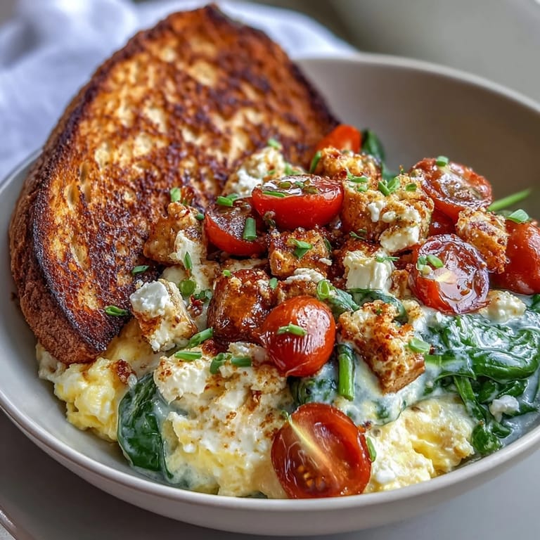 This delicious Spinach and Feta Breakfast Bowl highlights creamy feta cheese, tender greens, and sunny tomatoes for a healthy, Mediterranean-inspired start.