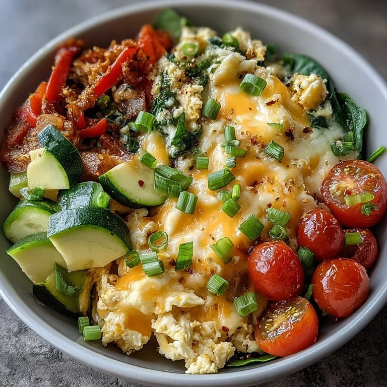 Scrambled Egg and Veggie Bowl served warm with colorful peppers and spinach.