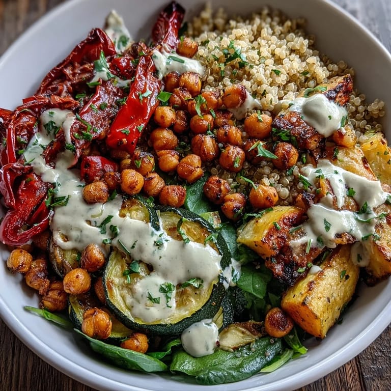 Crispy roasted chickpeas and tender veggies mingle with tahini dressing in this nourishing Roasted Chickpea Power Bowl meal.