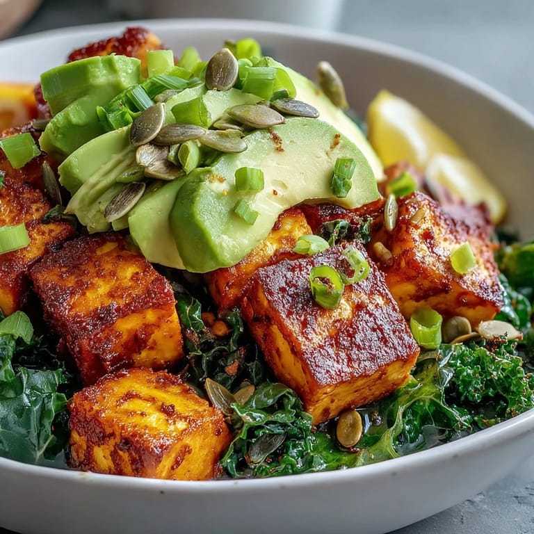 This vegan Tofu Breakfast Bowl features crispy tofu, sautéed kale, and creamy avocado, perfect for a healthy morning meal.