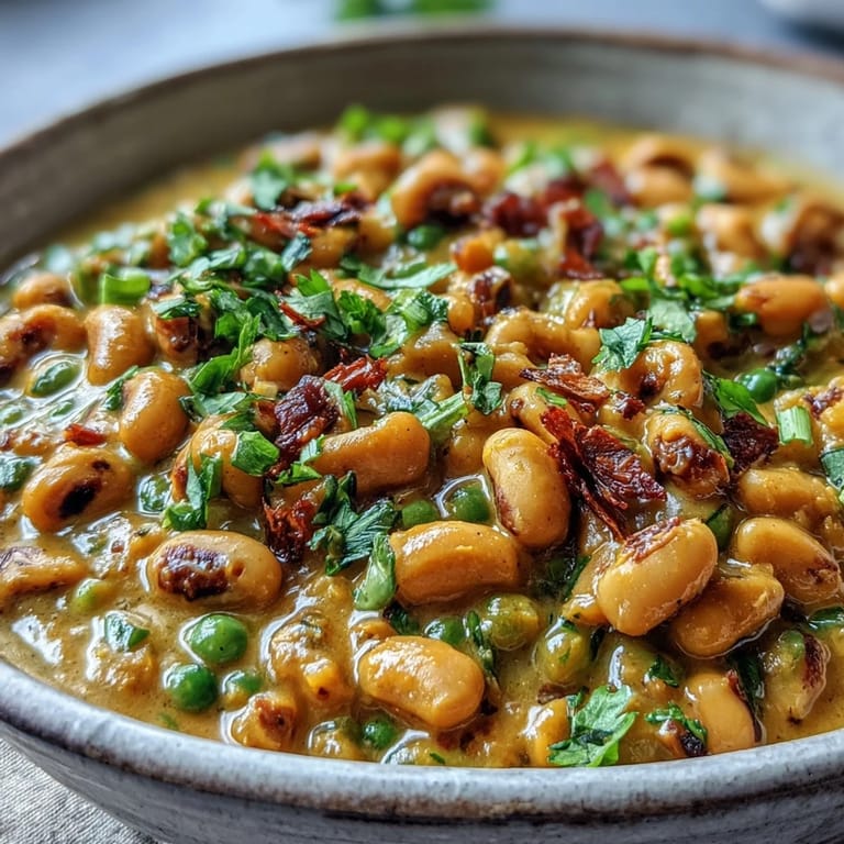 Hearty vegan Black-Eyed Pea Curry with peas and warm spices bubbling in a rustic skillet.