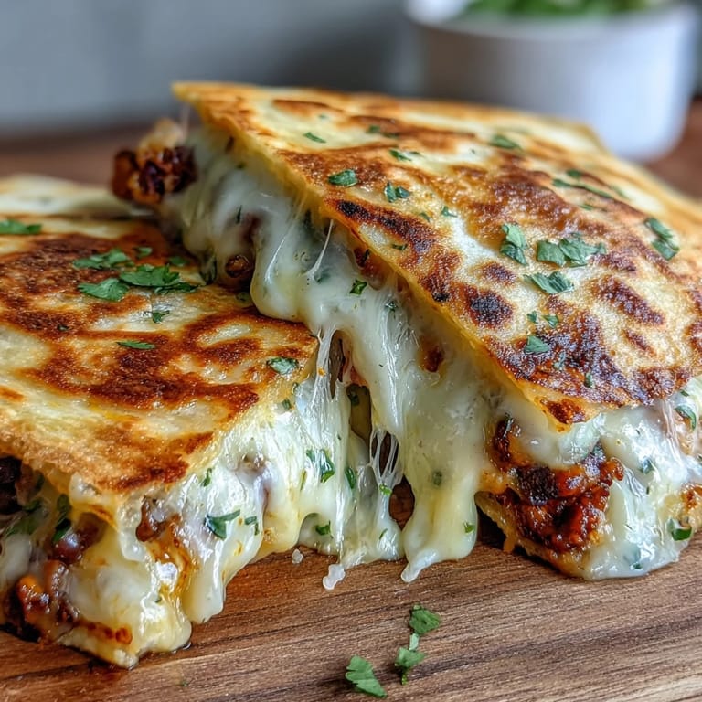 Skillet-fried Black-Eyed Pea Quesadilla, sliced to show creamy mashed peas and spices inside the crispy tortilla.