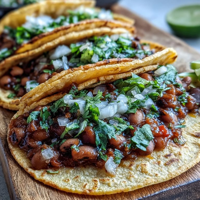 Close-up of Black-Eyed Pea Tacos with chunky filling, cilantro, and salsa on corn tortillas.