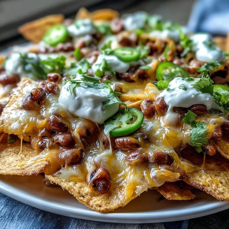 Golden melted cheese coats tortilla chips and black-eyed peas on a serving platter.