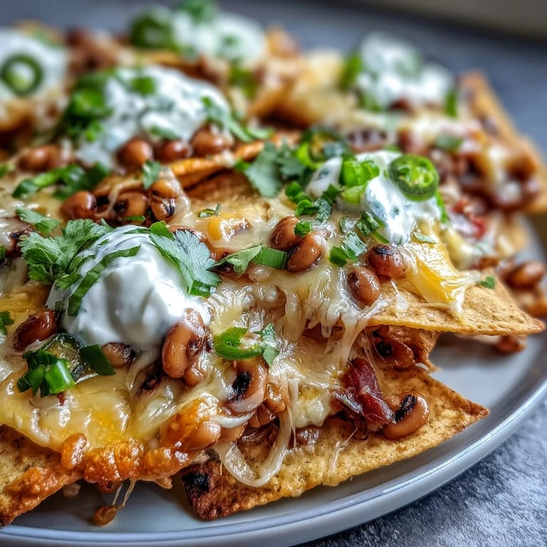 Fresh cilantro and lime wedges garnish cheesy Tex-Mex Black-Eyed Pea Nachos appetizer.
