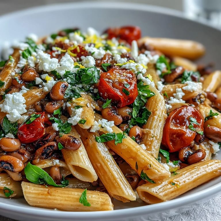 Lemon-kissed Black-Eyed Pea Pasta with wilted spinach and cherry tomatoes, served in a white bowl with fresh basil garnish.