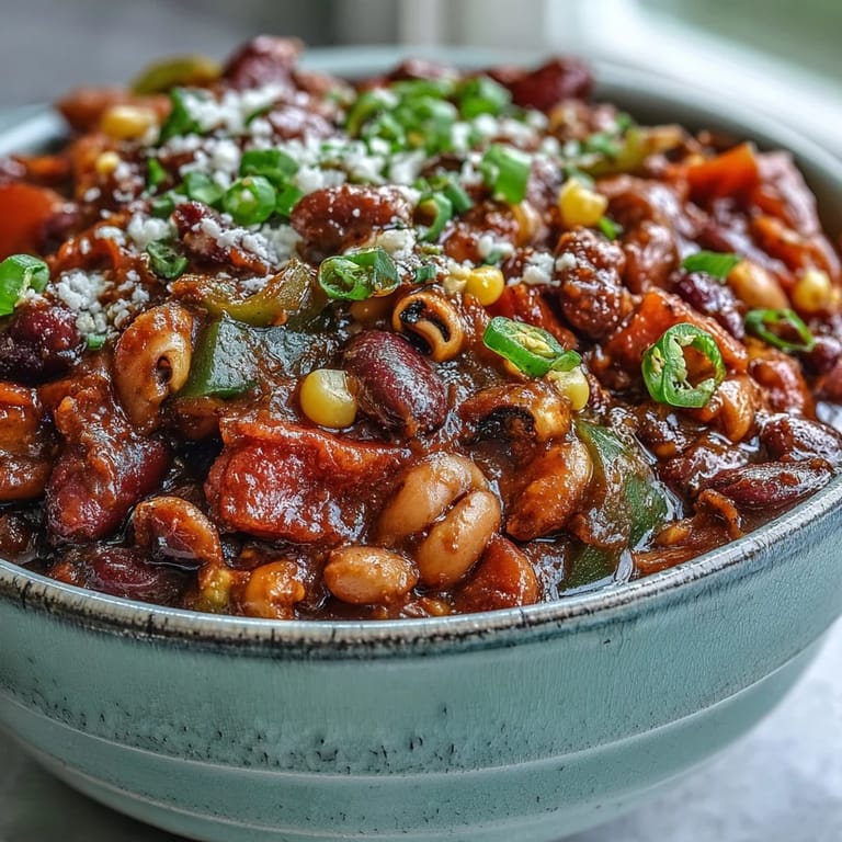 Black-Eyed Pea Chili with kidney beans and peppers in a rustic bowl, ready for a delicious family dinner.
