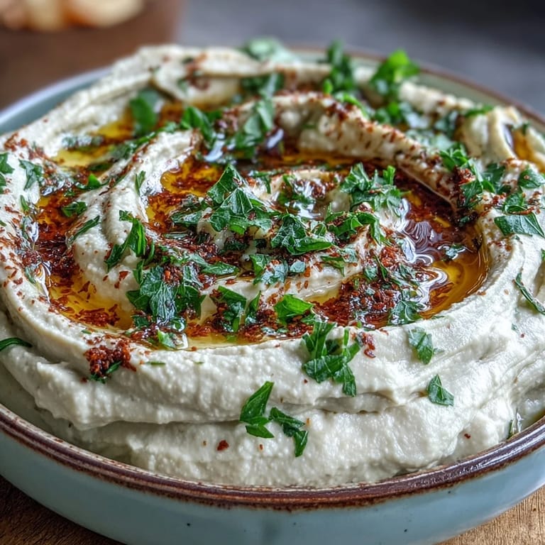 Close-up of homemade black-eyed pea hummus, showing a smooth tahini texture and parsley garnish, ready for dipping with pita chips.