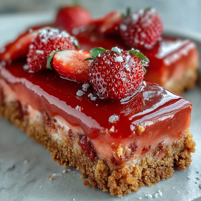 Tangy strawberry and lemon bars with a crisp shortbread base, offering a refreshing burst of citrus and berry flavor.
