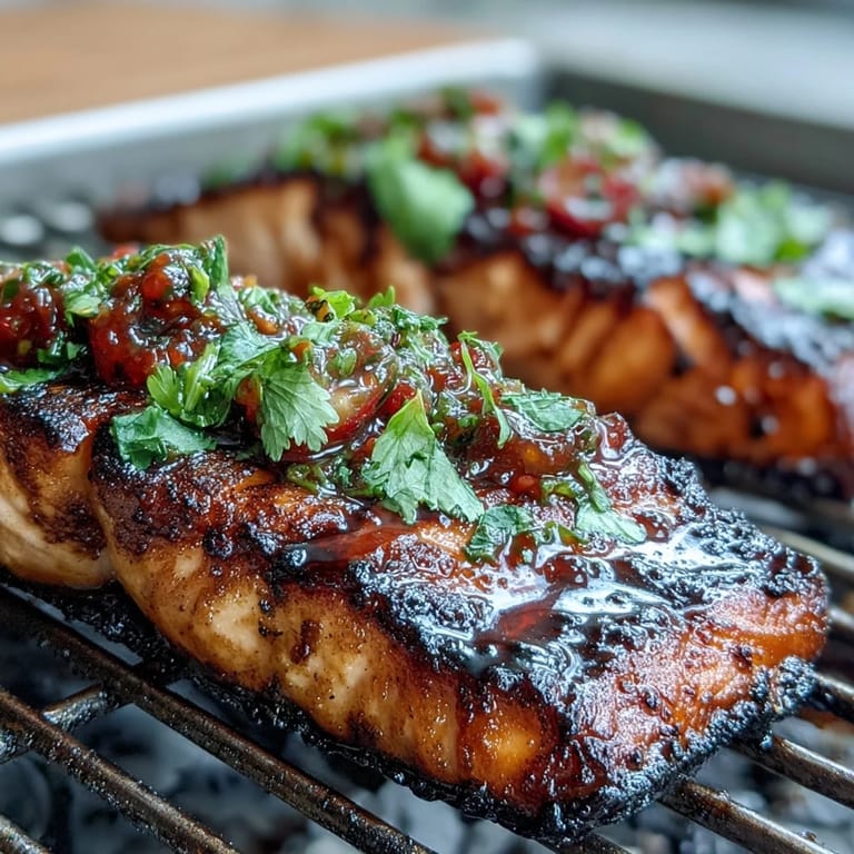 Juicy salmon fillets grilled to perfection and served with a zesty strawberry and cilantro salsa.