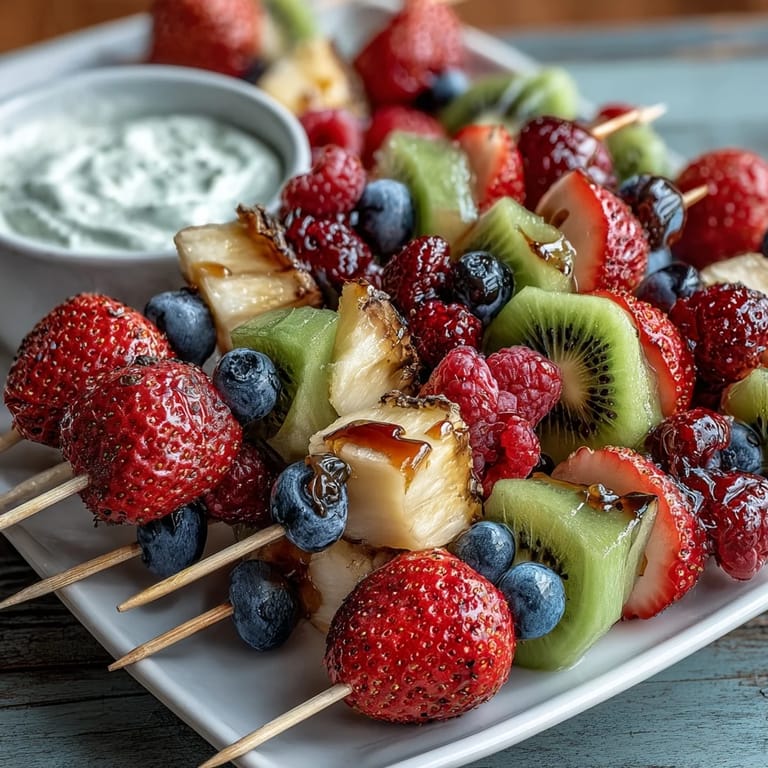 Vibrant fruit skewers and creamy yogurt dip arranged in a bento box with whole wheat sandwiches, cucumber slices, and cherry tomatoes for a fun, balanced lunch.