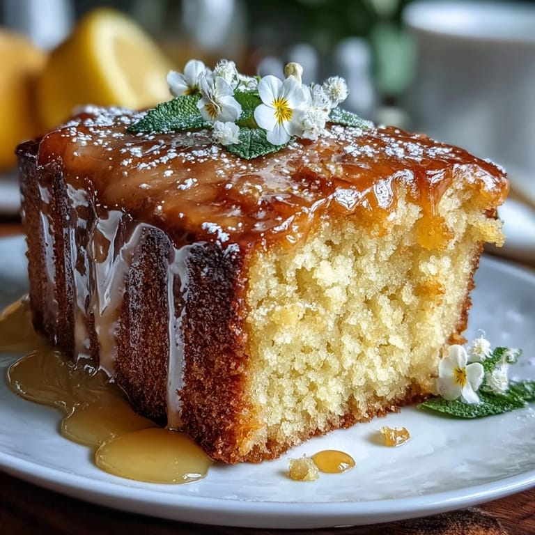 Zesty lemon cake slices on a white plate, drizzled with tangy lemon syrup and decorated with delicate edible flowers for a spring celebration.