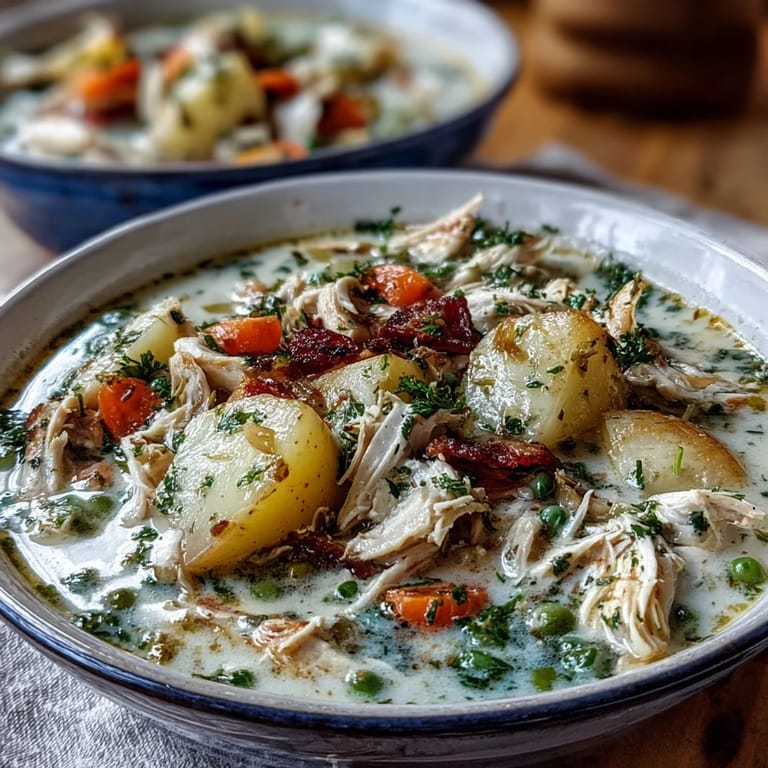 Creamy Slow Cooker Chicken Pot Pie Soup with golden potatoes, bright carrots, and peas, served in a rustic bowl with a flaky puff pastry square for dipping.