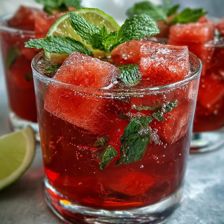 A refreshing alcohol-free summer spritzer blending sweet watermelon, bright mint, and zesty lime, perfect for hot days.