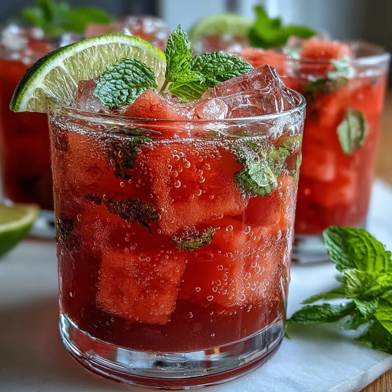 Cool and fizzy Watermelon Mint Vodka Spritz Mocktail with sparkling water, garnished with watermelon wedges and fresh herbs.