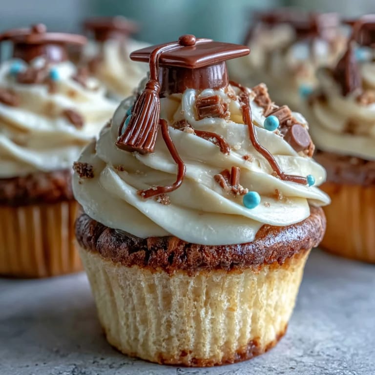 Adorable graduation cupcakes topped with mini chocolate caps and candy tassels, ideal for honoring graduates at any celebration.