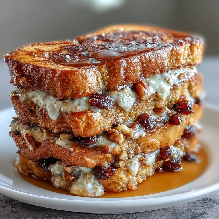 Top view of a freshly baked Capirotada in a ceramic dish, featuring melted cheese, raisins, and pecans.