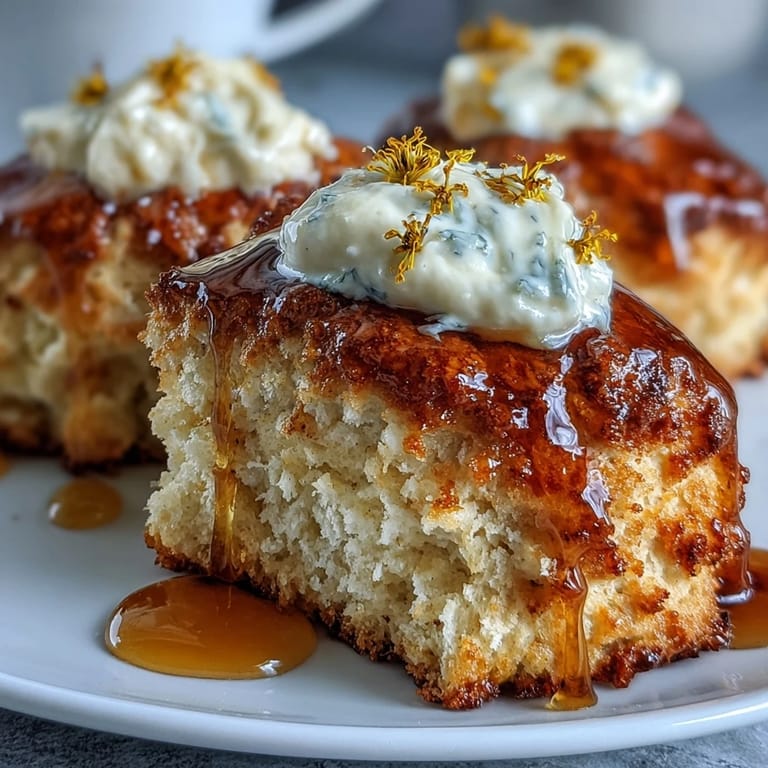 Golden-brown scones sweetened with floral dandelion honey, topped with rich clotted cream—perfect for an elegant afternoon tea.