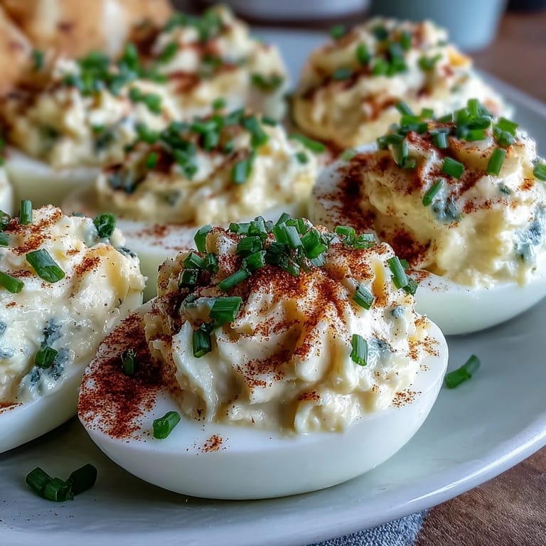 Deviled Eggs with Paprika and Chives: A classic appetizer featuring smooth, savory filling and a sprinkle of bright, aromatic herbs and spices.