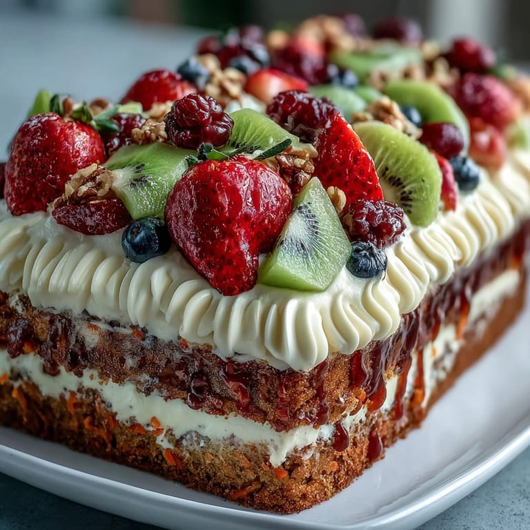 Elegant Easter dessert spread with moist carrot cake, airy pavlova topped with kiwi and berries, and tangy lemon tart.