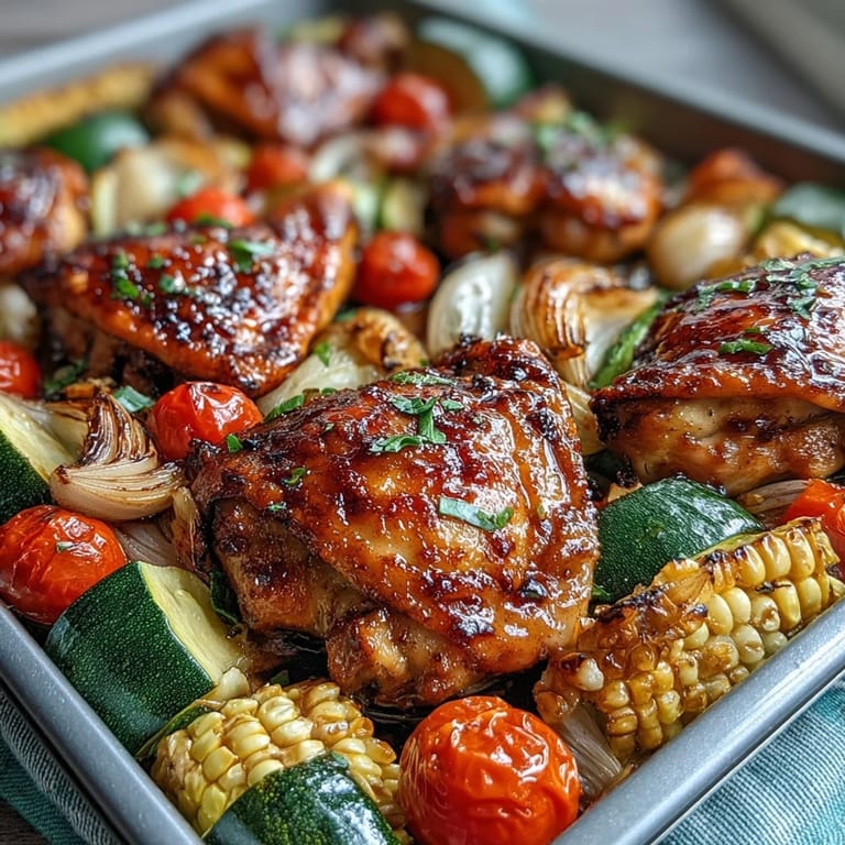 Sheet pan chicken with zucchini and corn, roasted until golden, served with fresh herbs for a healthy, gluten-free dinner.