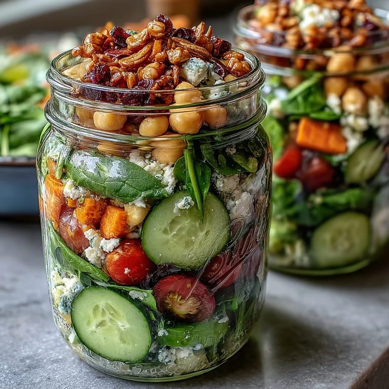 Fresh, crisp mason jar salads featuring grilled chicken, feta, and homemade balsamic dressing for easy meals.