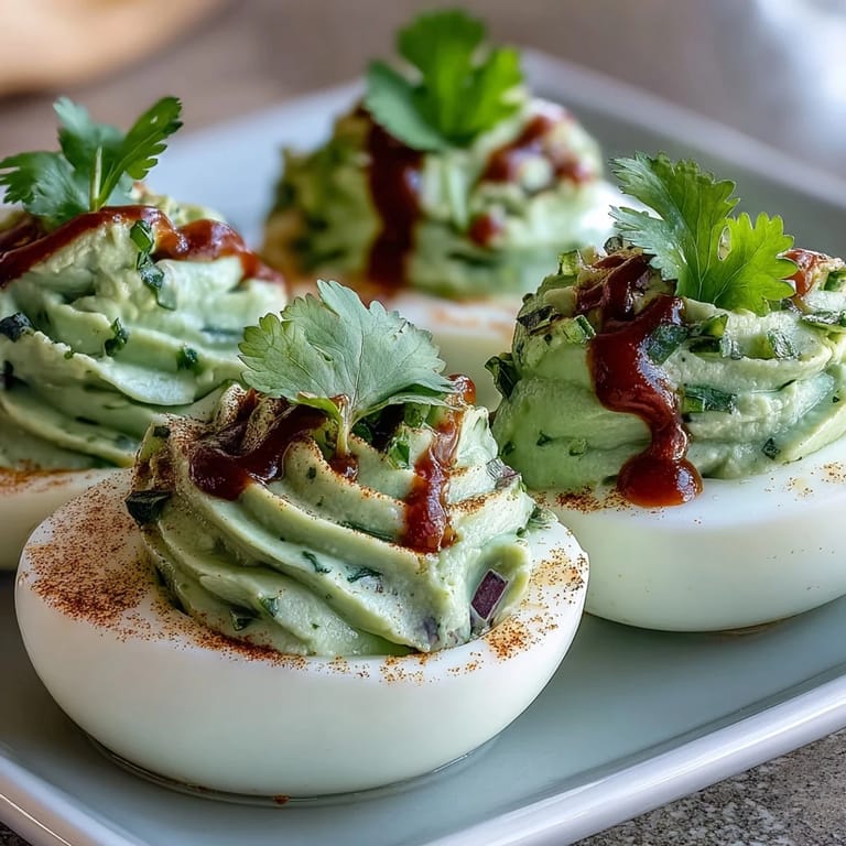 Vibrant avocado deviled eggs topped with Sriracha sauce, offering a fresh twist on a classic appetizer.